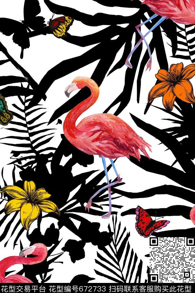 火烈鸟热带花卉植物树叶数码印花华亿平台下载（图片编号: 672733） - 瓦栏（Walan）