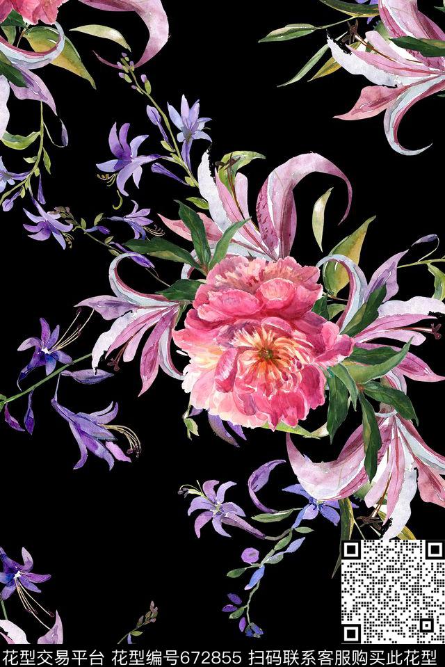 手绘藤条花卉数码印花华亿平台下载（图片编号: 672855） - 瓦栏（Walan）