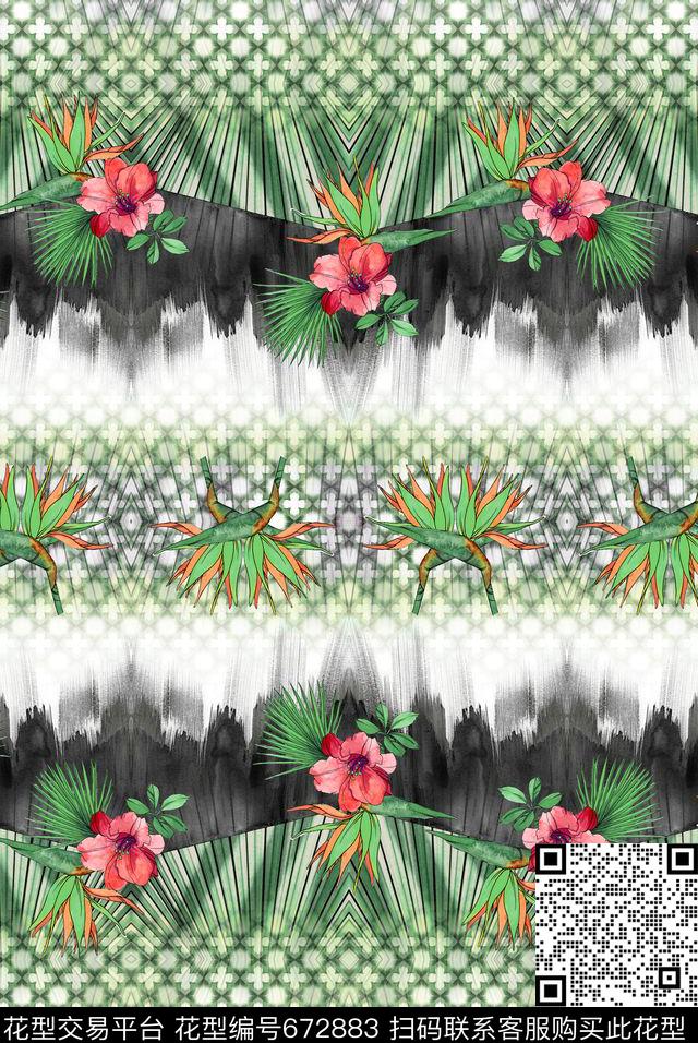 手绘花卉水彩花棕榈叶热带数码印花华亿平台下载（图片编号: 672883） - 瓦栏（Walan）