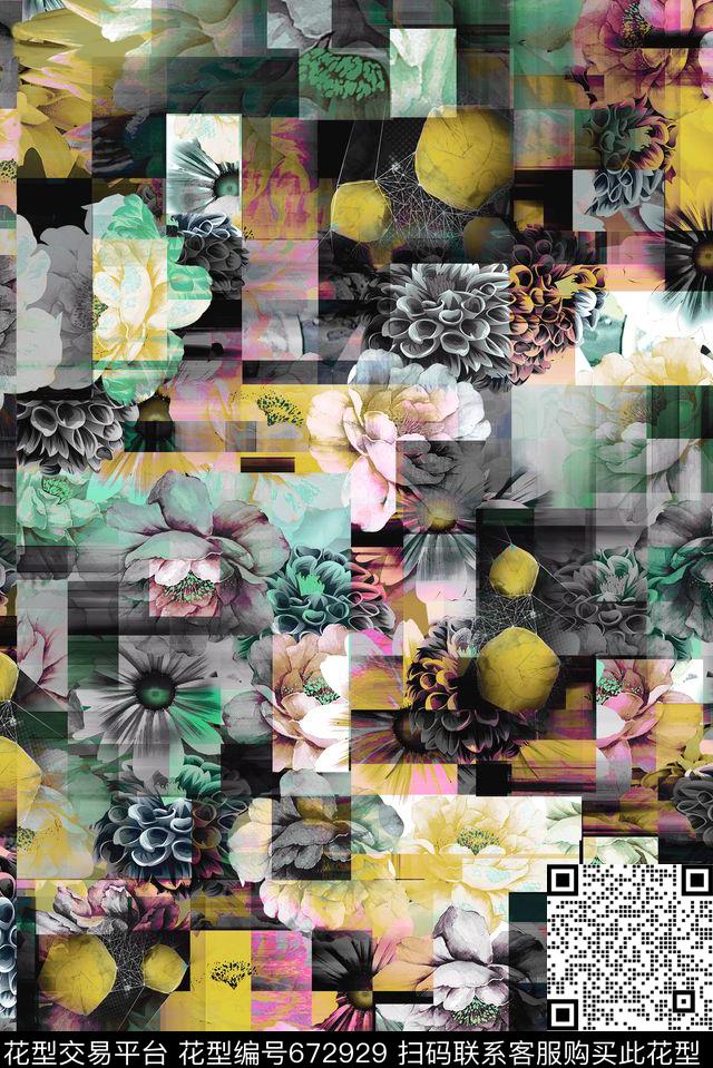时尚花卉几何数码印花华亿平台下载（图片编号: 672929） - 瓦栏（Walan）