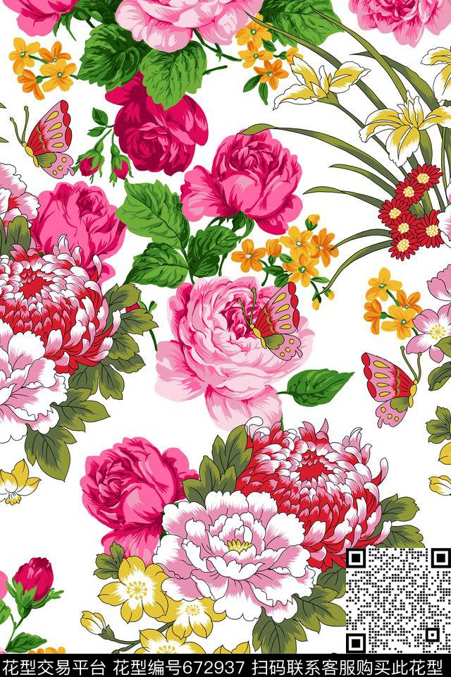 乱花玫瑰花朵传统印花华亿平台下载（图片编号: 672937） - 瓦栏（Walan）