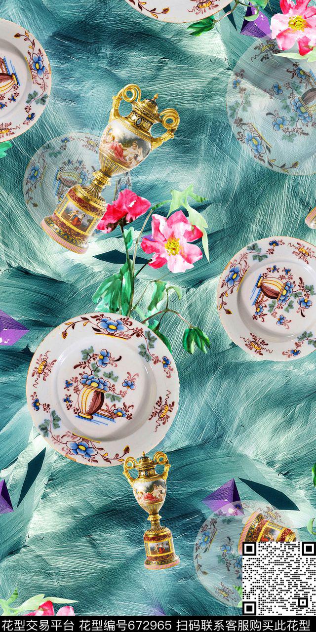 抽象底纹复古瓷器大气素雅数码印花华亿平台下载（图片编号: 672965） - 瓦栏（Walan）