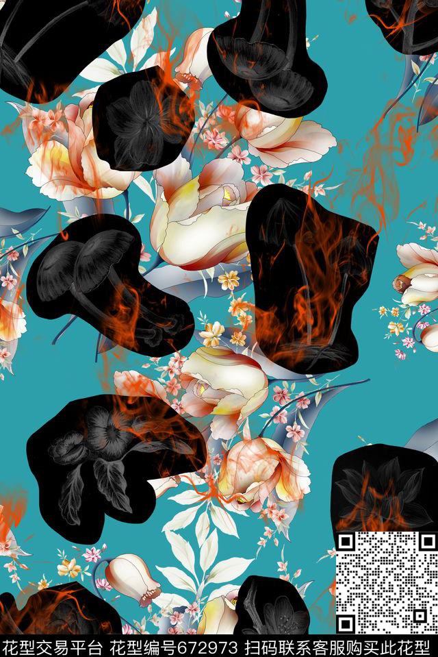 火苗花卉色块数码印花华亿平台下载（图片编号: 672973） - 瓦栏（Walan）