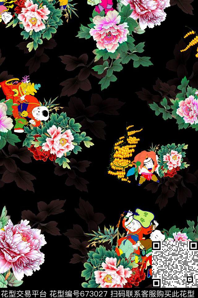 花卉中国风童子人物数码印花华亿平台下载（图片编号: 673027） - 瓦栏（Walan）