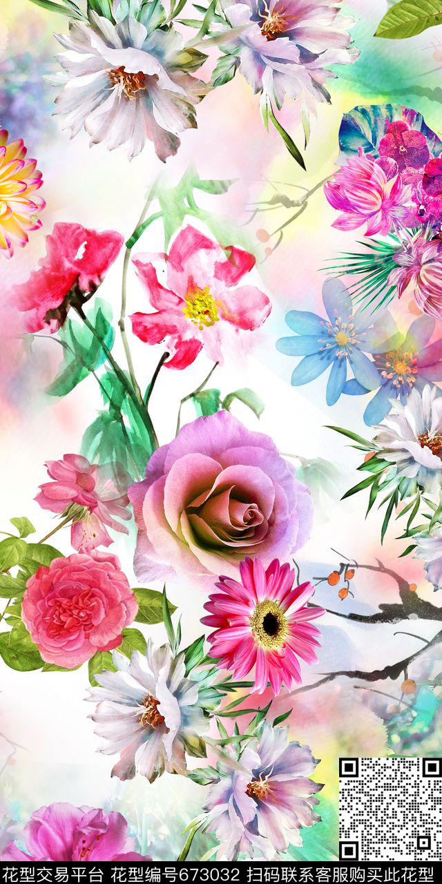 清爽手绘渐变云纹底素雅数码印花华亿平台下载（图片编号: 673032） - 瓦栏（Walan）