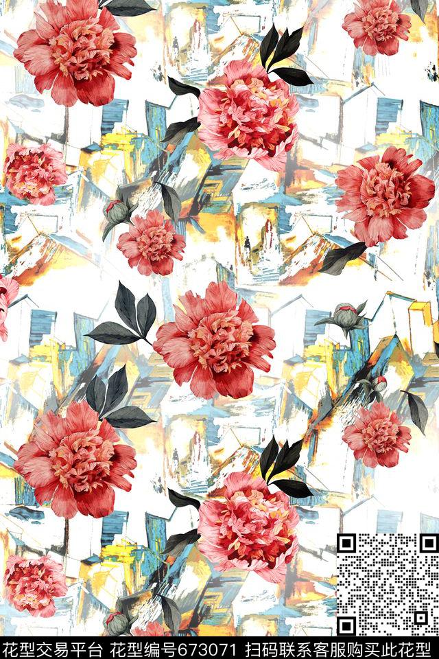 流行时尚水彩大花数码印花华亿平台下载（图片编号: 673071） - 瓦栏（Walan）