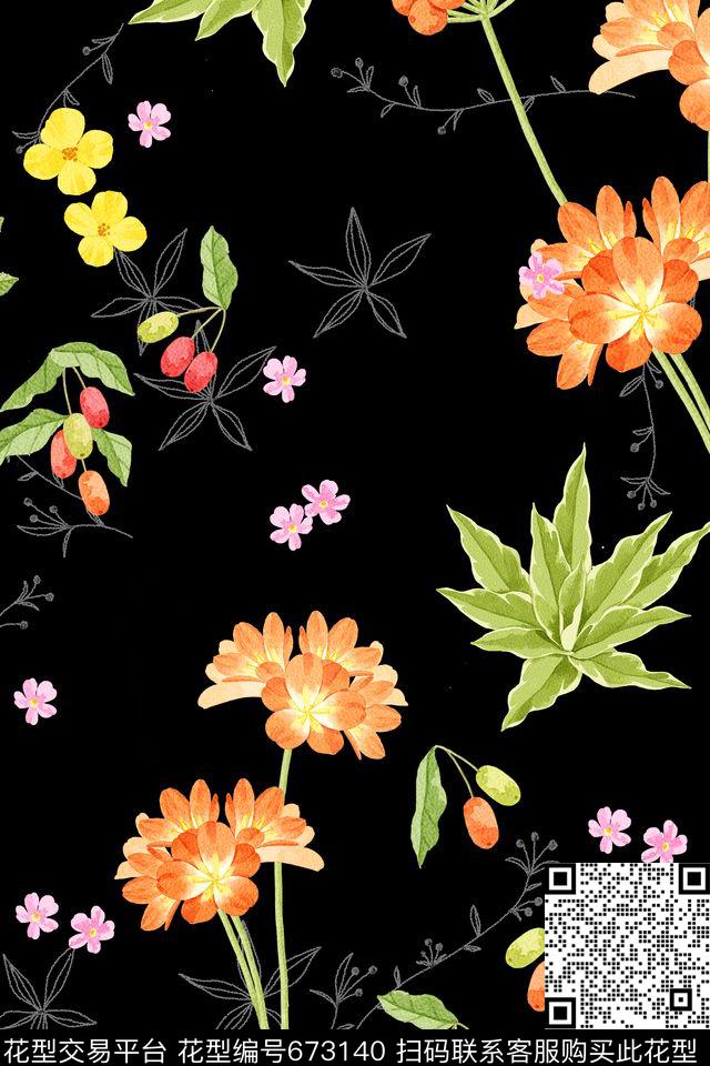 手绘清新水彩数码印花华亿平台下载（图片编号: 673140） - 瓦栏（Walan）