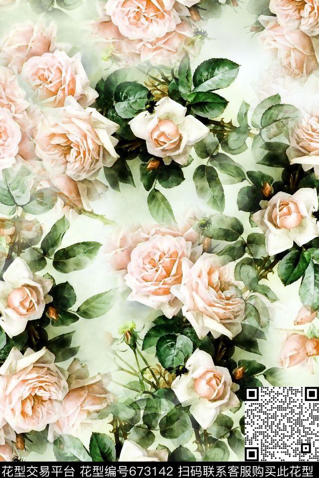 手绘水彩水彩大气玫瑰数码印花华亿平台下载（图片编号: 673142） - 瓦栏（Walan）