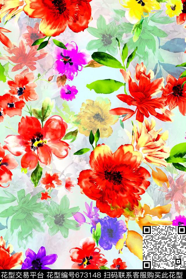 水彩花卉手绘花卉数码印花华亿平台下载（图片编号: 673148） - 瓦栏（Walan）