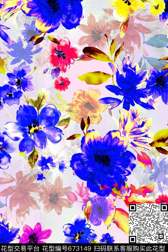 水彩花卉手绘花卉数码印花华亿平台下载（图片编号: 673149） - 瓦栏（Walan）