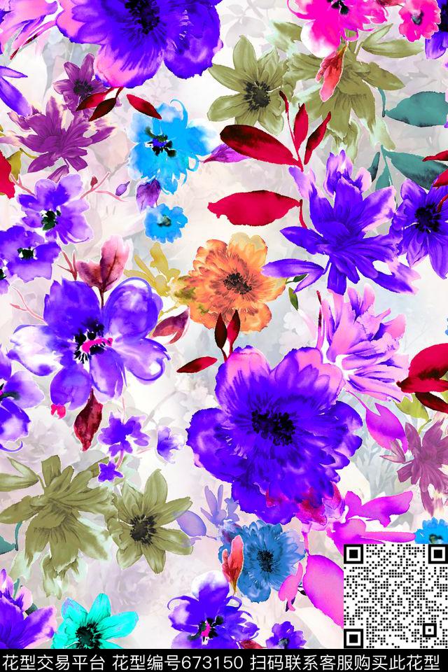 水彩花卉手绘花卉数码印花华亿平台下载（图片编号: 673150） - 瓦栏（Walan）