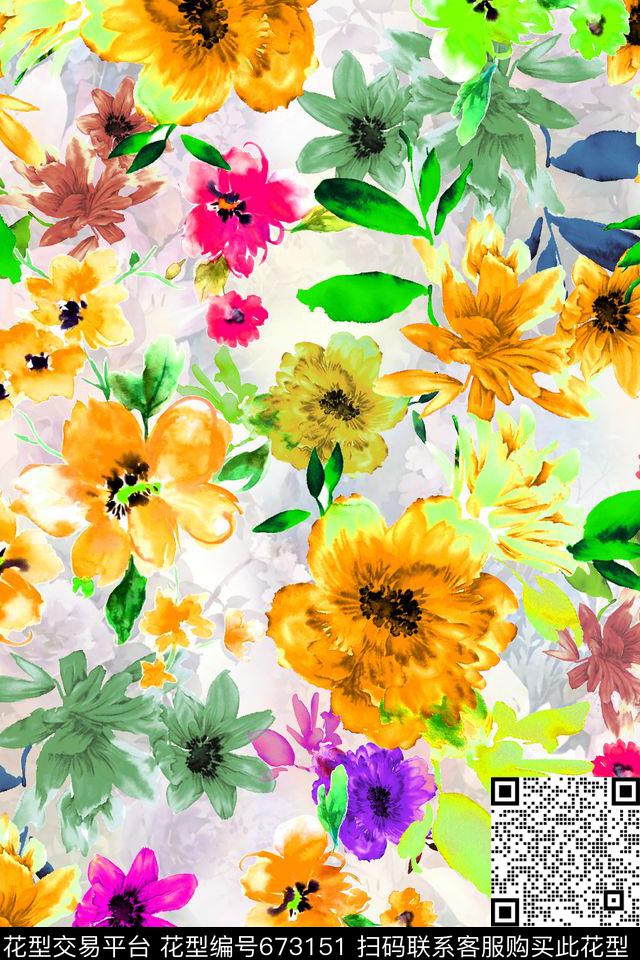 水彩花卉手绘花卉数码印花华亿平台下载（图片编号: 673151） - 瓦栏（Walan）
