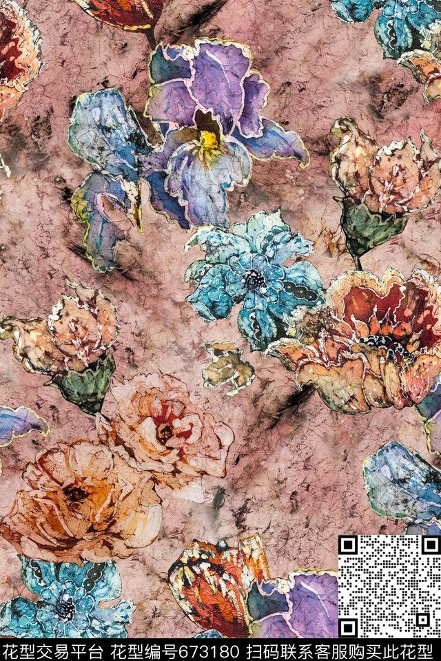 花卉扎染兰花数码印花华亿平台下载（图片编号: 673180） - 瓦栏（Walan）