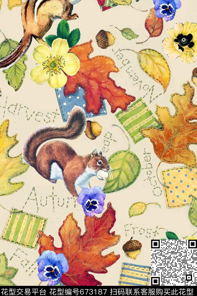 花卉叶子松鼠数码印花华亿平台下载（图片编号: 673187） - 瓦栏（Walan）