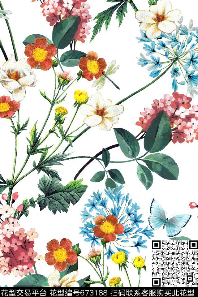 时尚花卉蝴蝶数码印花华亿平台下载（图片编号: 673188） - 瓦栏（Walan）