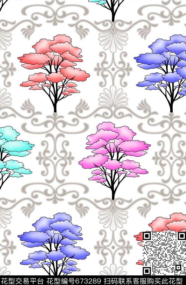 波浪条纹趣味树林传统印花华亿平台下载（图片编号: 673289） - 瓦栏（Walan）