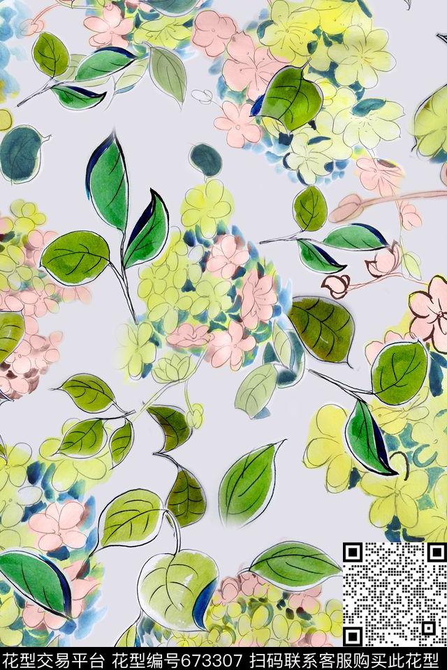 花卉写意手绘数码印花华亿平台下载（图片编号: 673307） - 瓦栏（Walan）