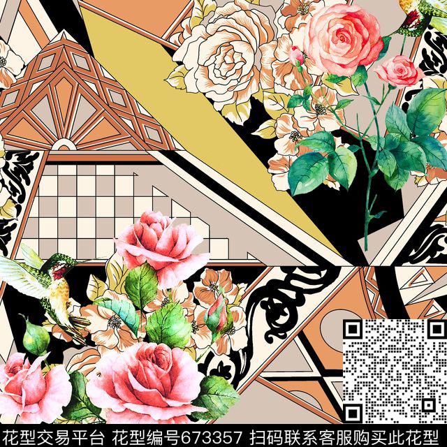 花朵几何花卉数码印花华亿平台下载（图片编号: 673357） - 瓦栏（Walan）