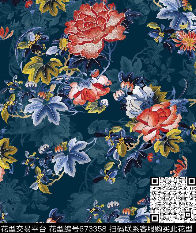 民族风手绘刺绣感花卉刺绣花鸟蝴蝶花卉数码印花华亿平台下载（图片编号: 673358） - 瓦栏（Walan）