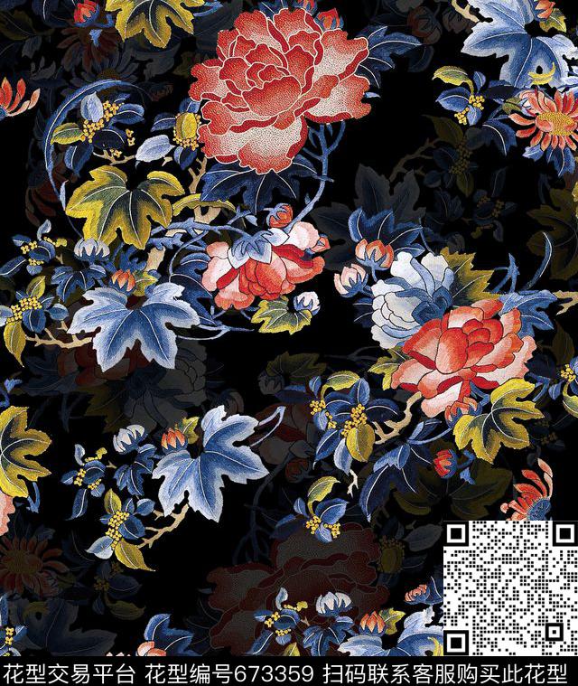 民族风手绘刺绣感花卉刺绣花鸟蝴蝶花卉数码印花华亿平台下载（图片编号: 673359） - 瓦栏（Walan）