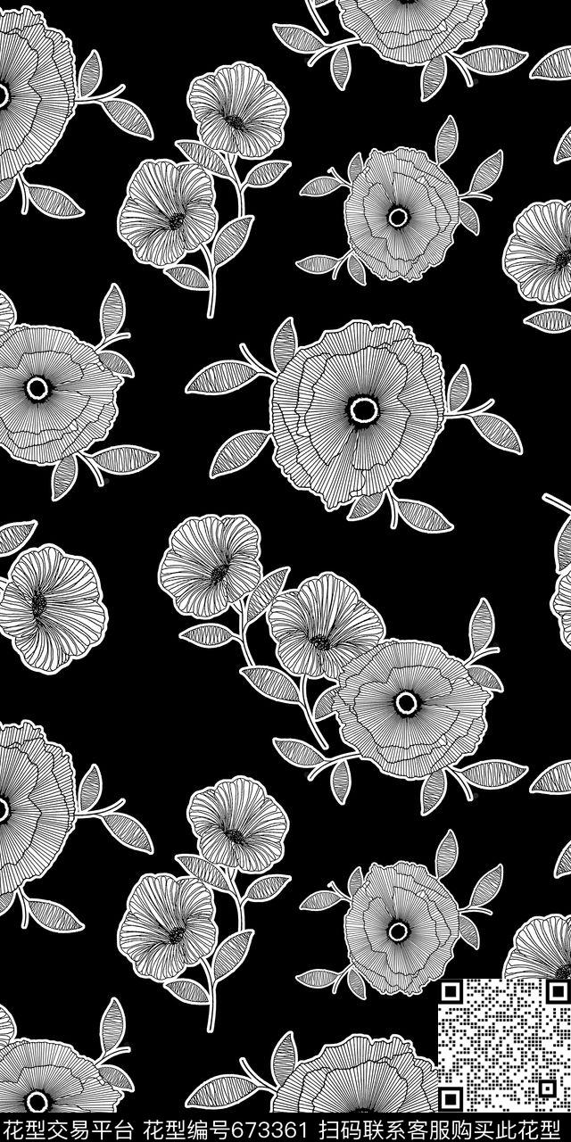 花叶黑白传统印花华亿平台下载（图片编号: 673361） - 瓦栏（Walan）