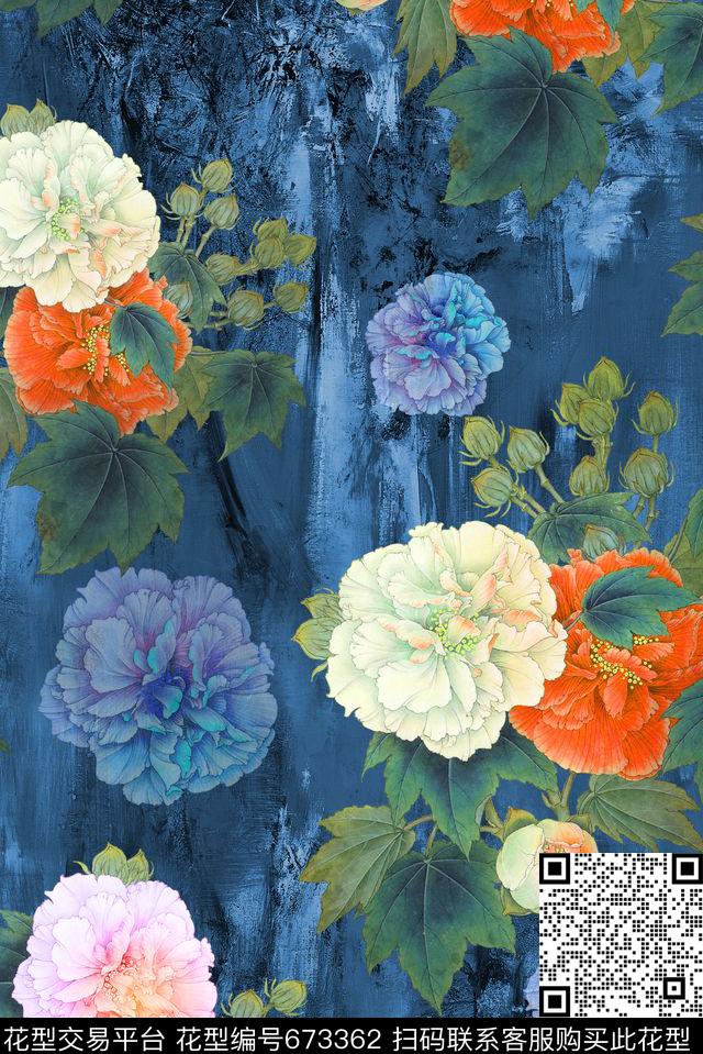 面料花中国风国画牡丹花卉时尚流行面料花数码印花华亿平台下载（图片编号: 673362） - 瓦栏（Walan）