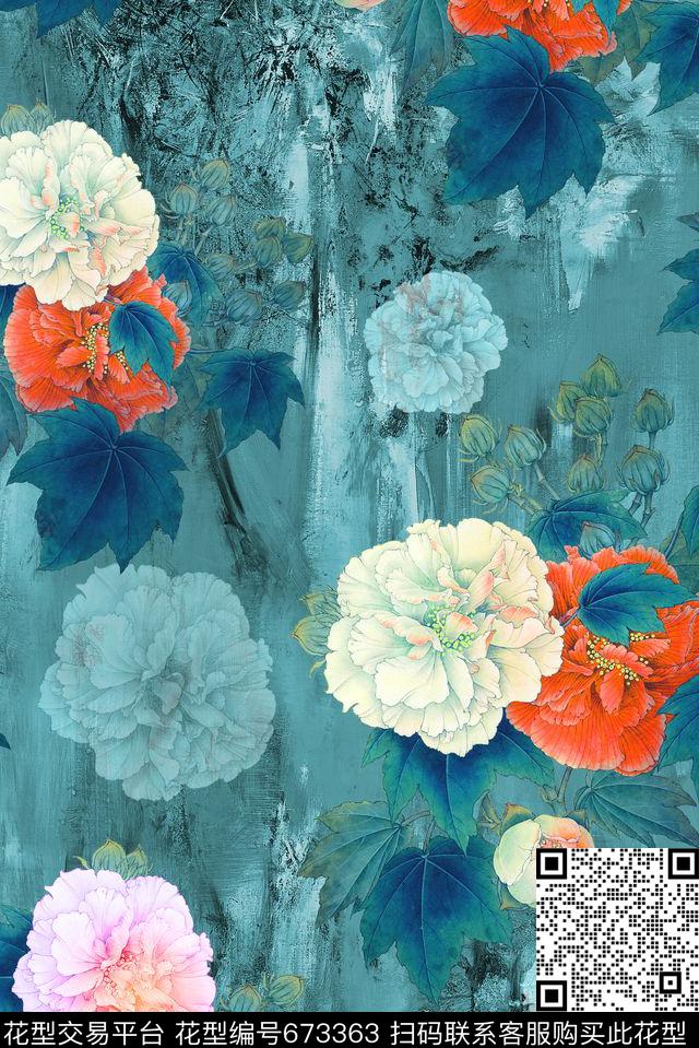 面料花中国风国画牡丹花卉时尚流行面料花数码印花华亿平台下载（图片编号: 673363） - 瓦栏（Walan）