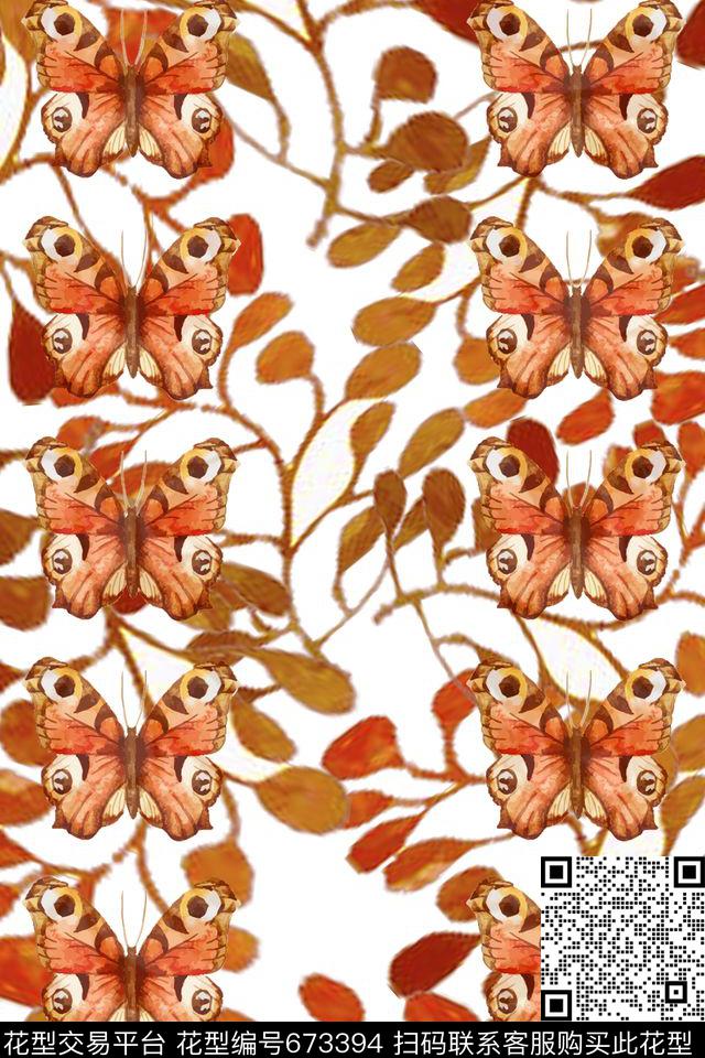 文艺蝴蝶红叶数码印花华亿平台下载（图片编号: 673394） - 瓦栏（Walan）