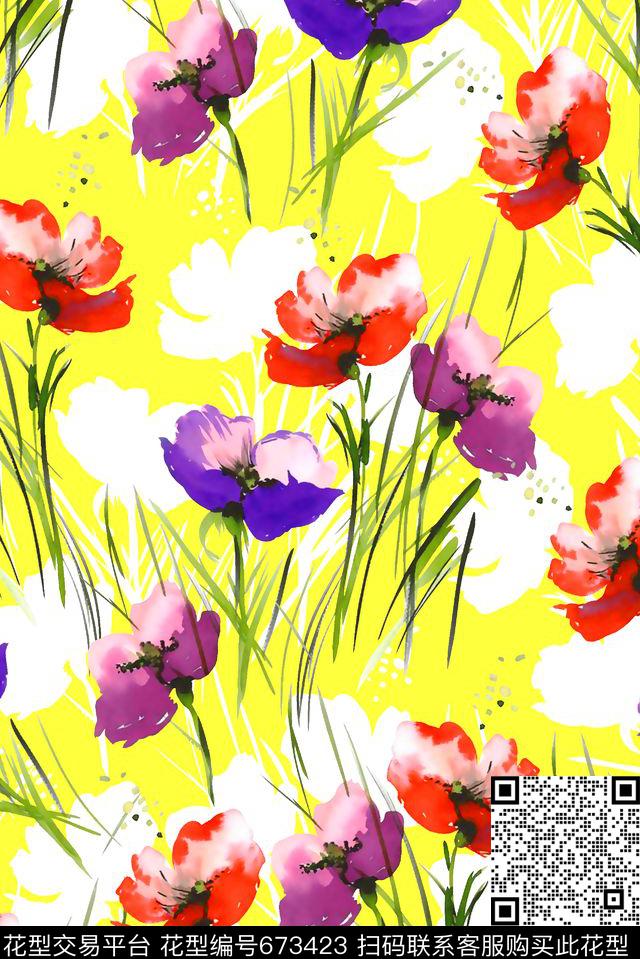 抽象手绘满版花卉最新高清数码水彩花卉时尚潮流大牌复古欧美风女装裙数码印花华亿平台下载（图片编号: 673423） - 瓦栏（Walan）