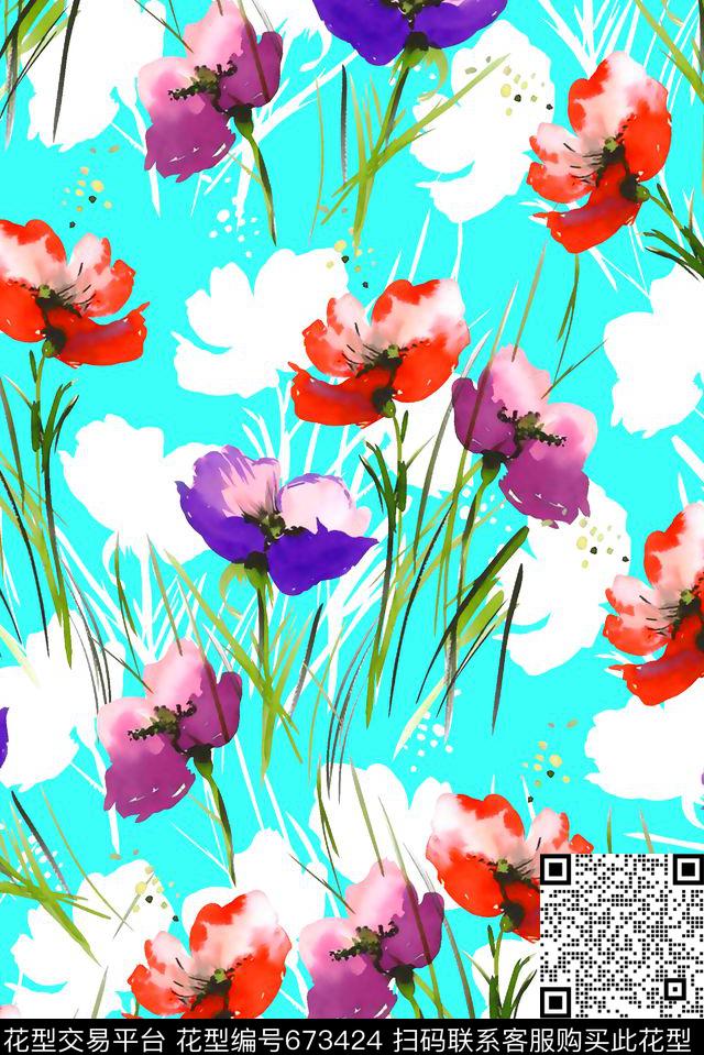 抽象手绘满版花卉最新高清数码水彩花卉时尚潮流大牌复古欧美风女装裙数码印花华亿平台下载（图片编号: 673424） - 瓦栏（Walan）