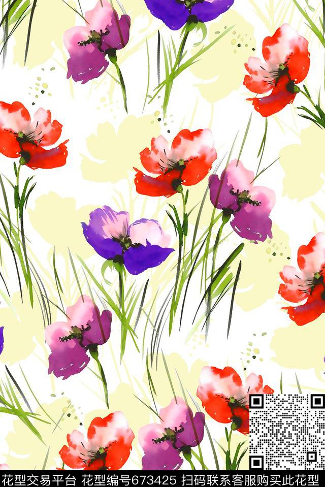 抽象手绘满版花卉最新高清数码水彩花卉时尚潮流大牌复古欧美风女装裙数码印花华亿平台下载（图片编号: 673425） - 瓦栏（Walan）