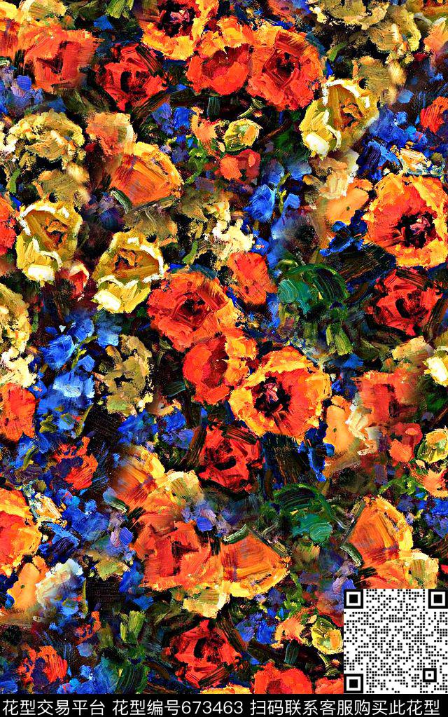 时尚抽象手绘大笔油画数码印花时尚潮流女装外套花卉印花数码印花华亿平台下载（图片编号: 673463） - 瓦栏（Walan）