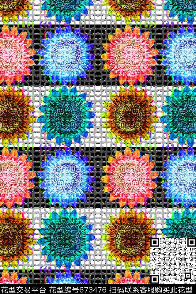 条纹向日葵多色花朵数码印花华亿平台下载（图片编号: 673476） - 瓦栏（Walan）