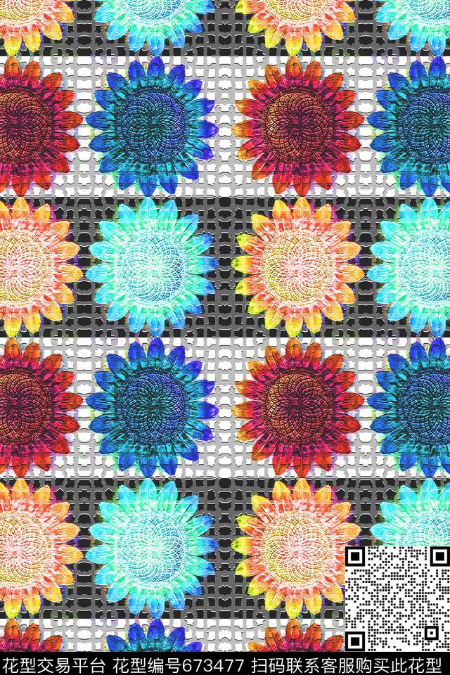 条纹向日葵多色花朵数码印花华亿平台下载（图片编号: 673477） - 瓦栏（Walan）