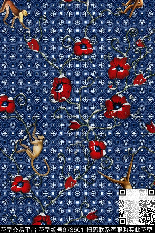 男装猴子花卉数码印花华亿平台下载（图片编号: 673501） - 瓦栏（Walan）