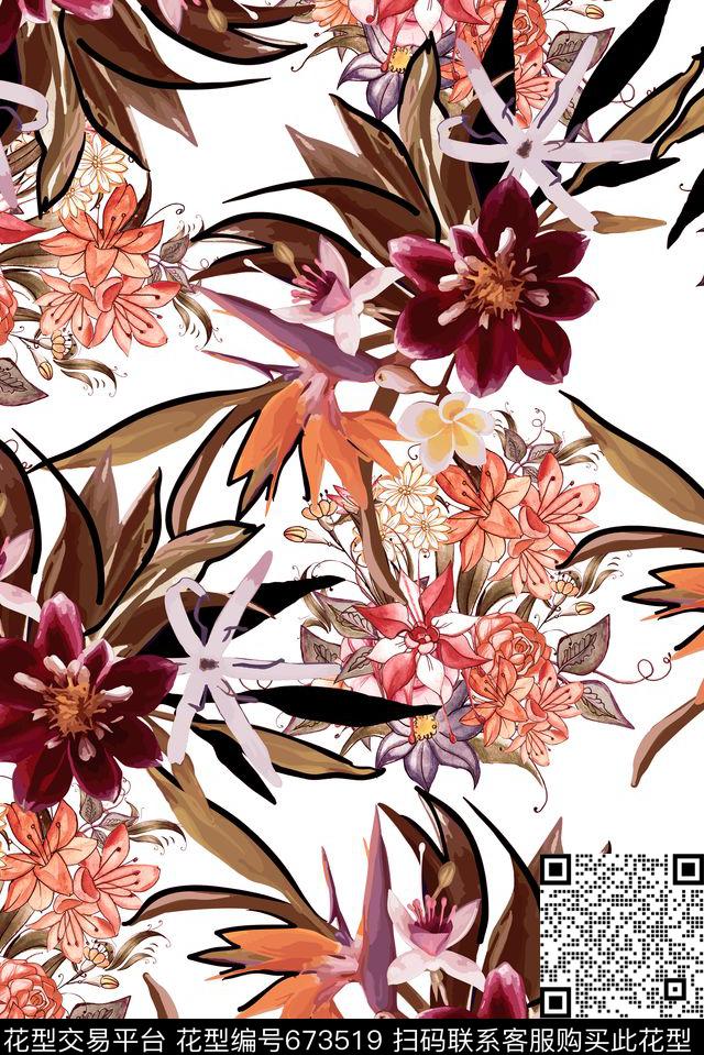 热带植物花卉数码印花华亿平台下载（图片编号: 673519） - 瓦栏（Walan）