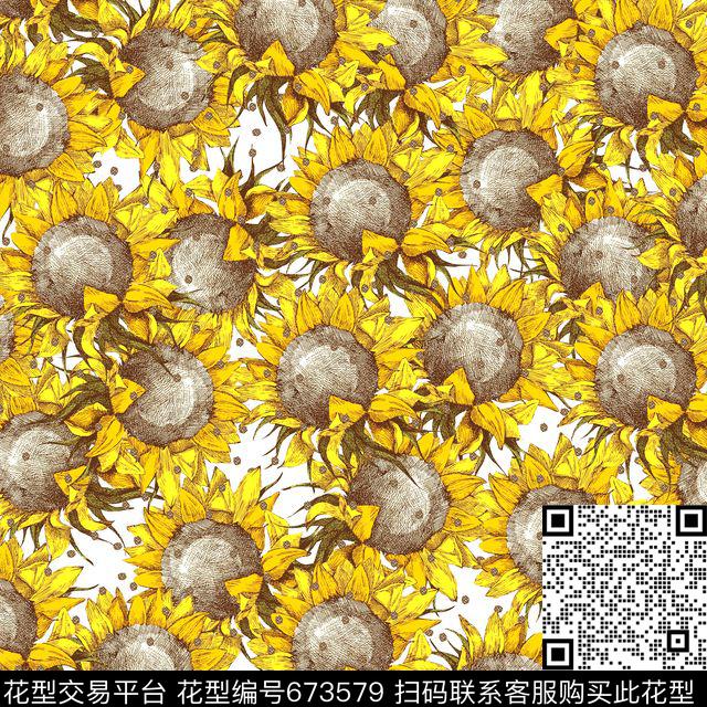 向日葵花朵花卉数码印花华亿平台下载（图片编号: 673579） - 瓦栏（Walan）