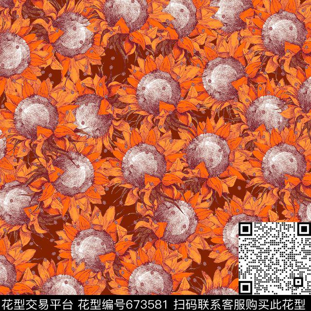 向日葵花朵花卉数码印花华亿平台下载（图片编号: 673581） - 瓦栏（Walan）