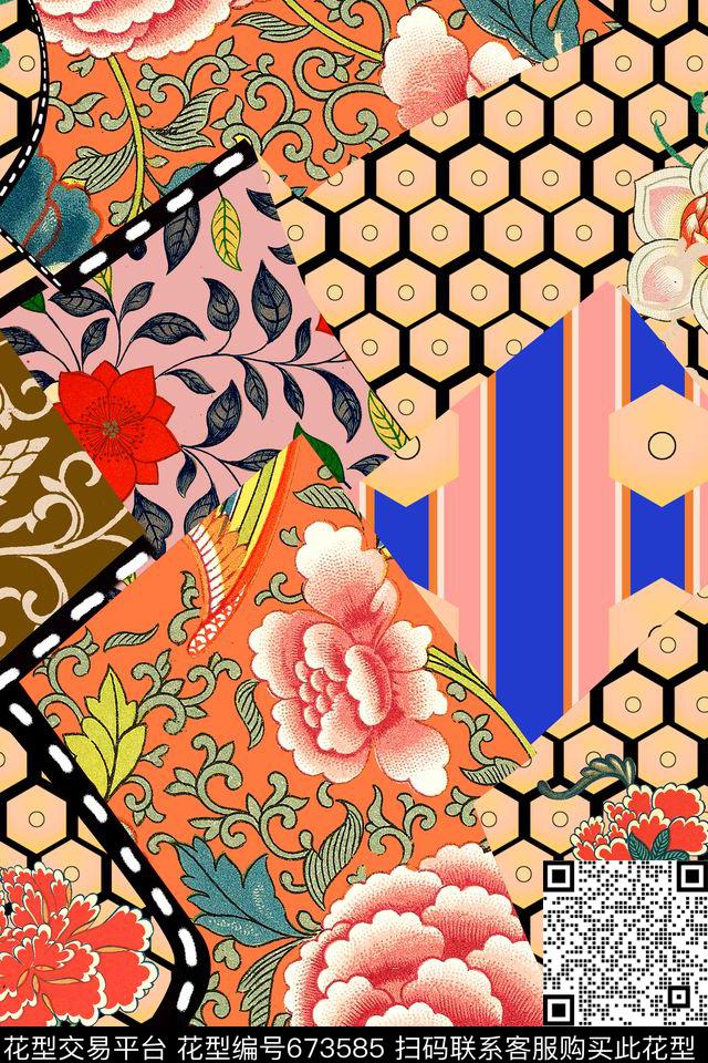 传统花卉民族风拼接数码印花华亿平台下载（图片编号: 673585） - 瓦栏（Walan）