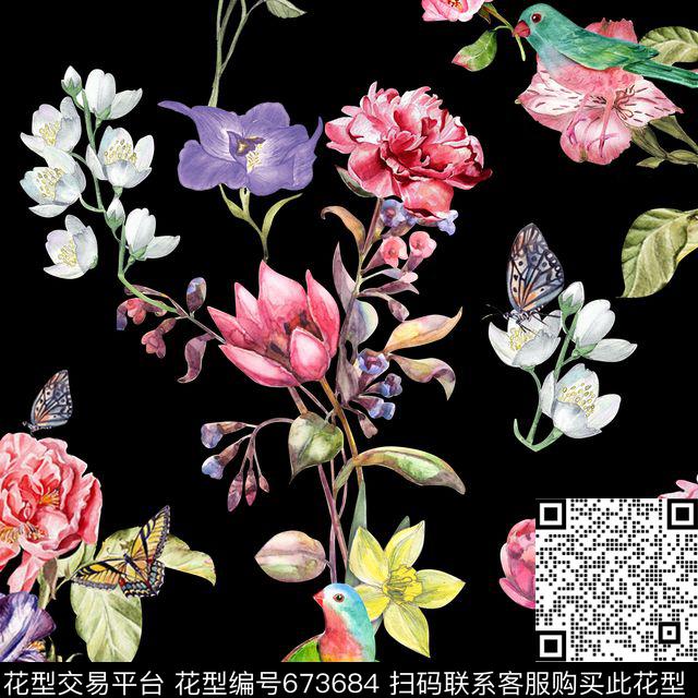 此华亿平台为1/2跳接花鸟花卉数码印花华亿平台下载（图片编号: 673684） - 瓦栏（Walan）