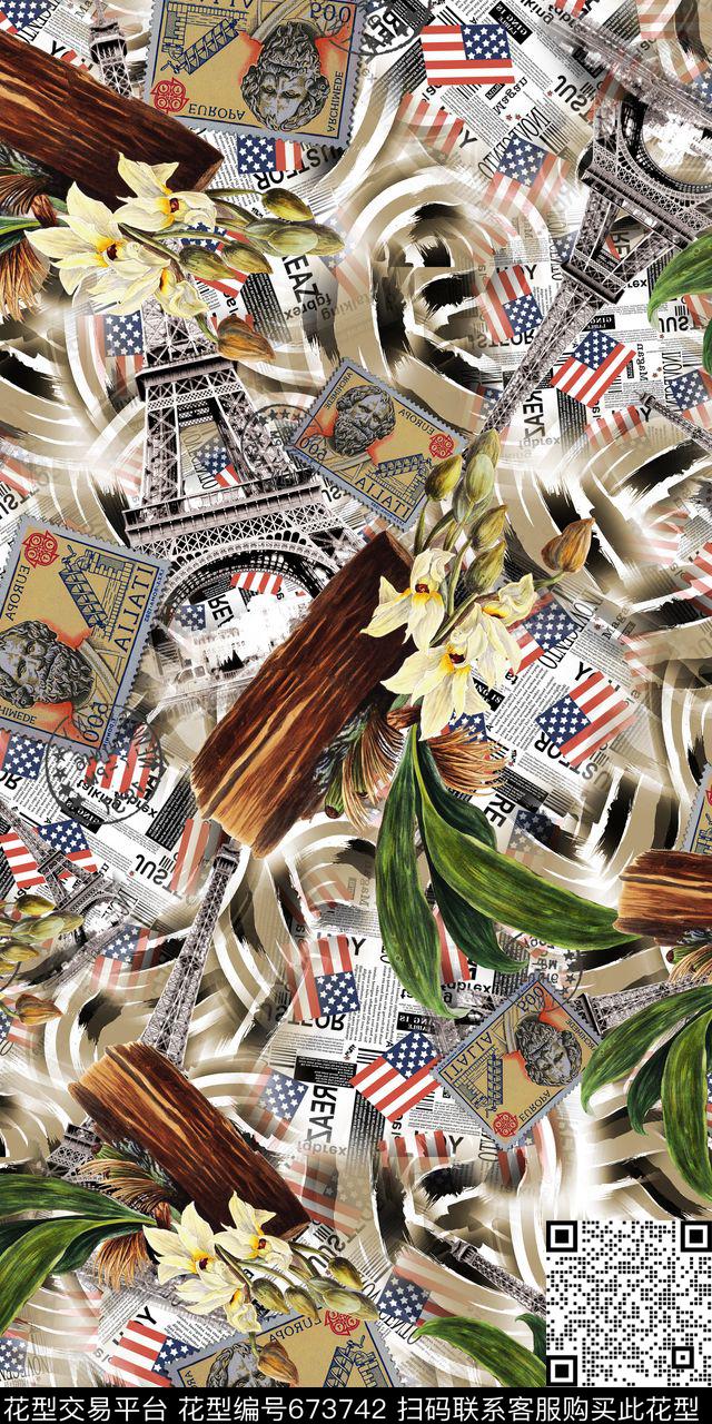 铁塔复古花卉时尚简约数码印花华亿平台下载（图片编号: 673742） - 瓦栏（Walan）