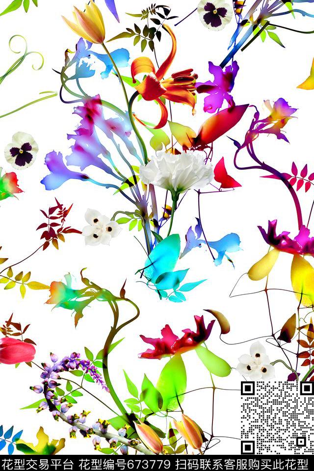 花卉剪影树枝数码印花华亿平台下载（图片编号: 673779） - 瓦栏（Walan）