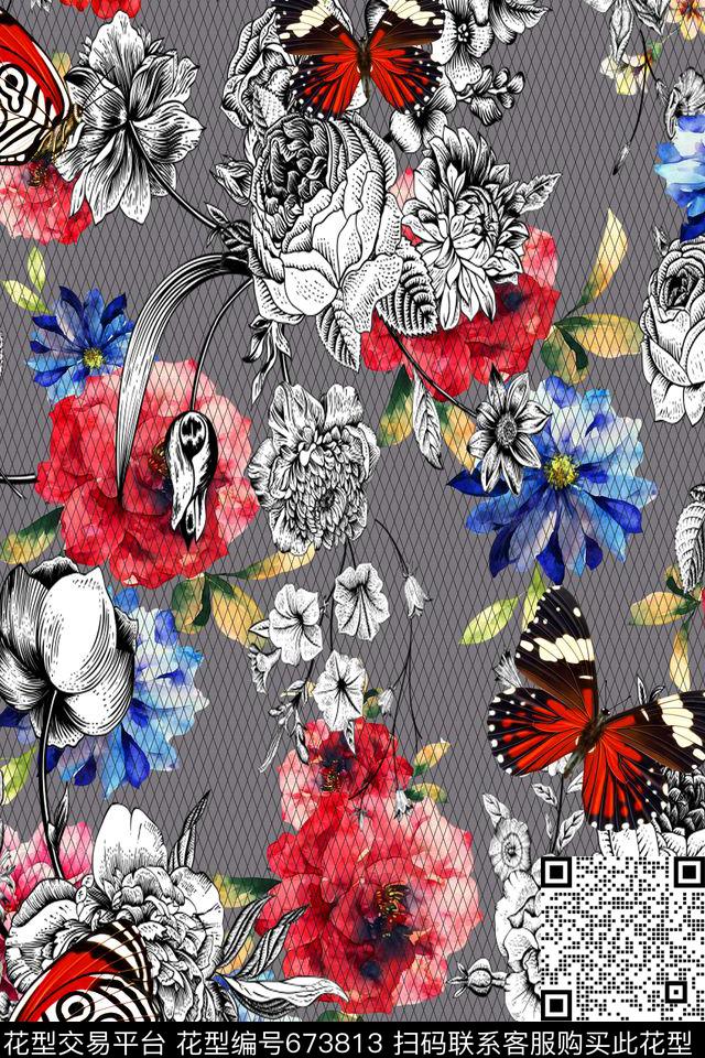 蕾丝蝴蝶花卉数码印花华亿平台下载（图片编号: 673813） - 瓦栏（Walan）