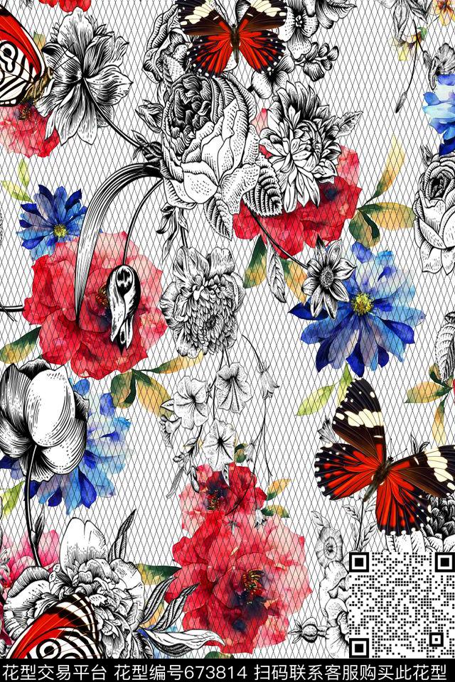 蕾丝蝴蝶花卉数码印花华亿平台下载（图片编号: 673814） - 瓦栏（Walan）