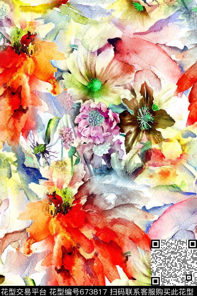 时尚手绘水彩数码印花华亿平台下载（图片编号: 673817） - 瓦栏（Walan）