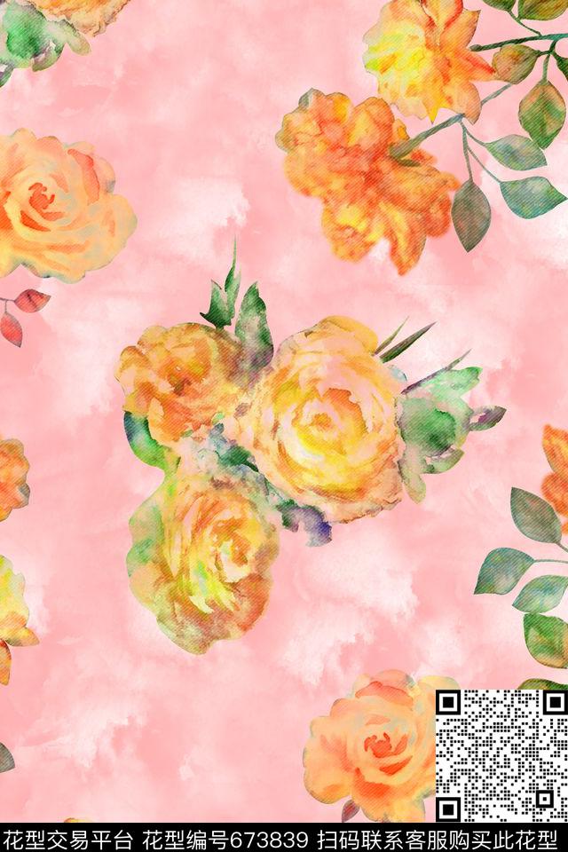 手绘水彩花卉数码印花华亿平台下载（图片编号: 673839） - 瓦栏（Walan）