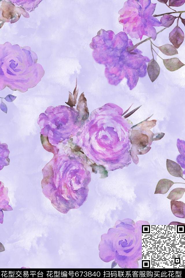 手绘水彩花卉数码印花华亿平台下载（图片编号: 673840） - 瓦栏（Walan）