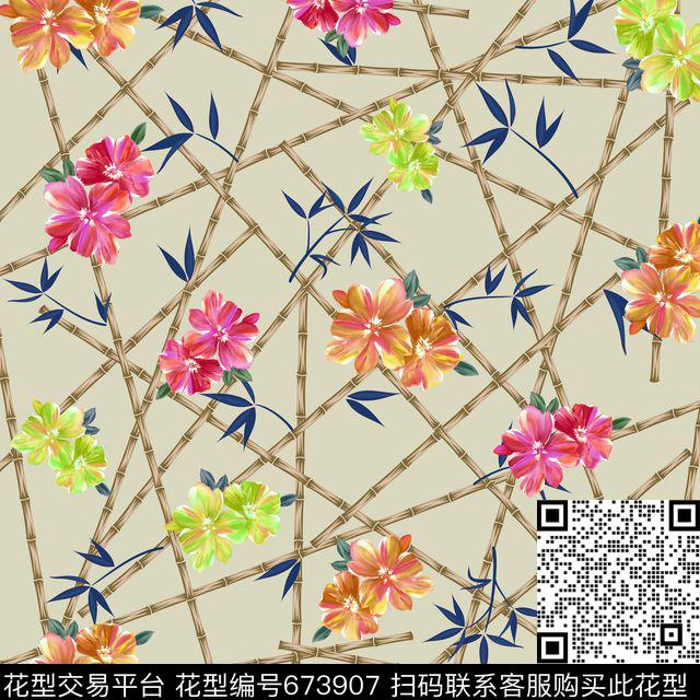 竹子竹叶花卉传统印花华亿平台下载（图片编号: 673907） - 瓦栏（Walan）