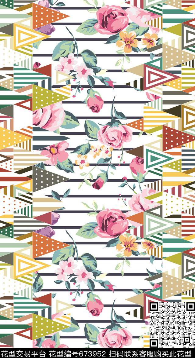 大花花卉几何传统印花华亿平台下载（图片编号: 673952） - 瓦栏（Walan）
