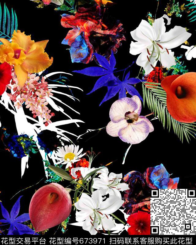 黑底热带植物花卉数码印花华亿平台下载（图片编号: 673971） - 瓦栏（Walan）